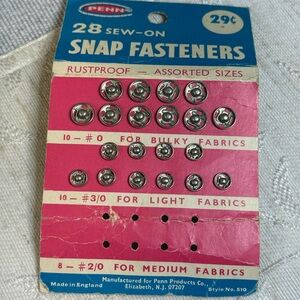 Vintage Penn 20 Sew-On Snap Fasteners Assorted Sizes Made in England 29¢ Card